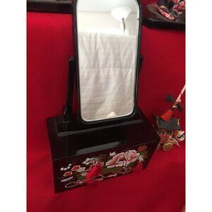 Vintage Handmade Black Lacquer Miniature Dollhouse Dresser With Folding Mirror